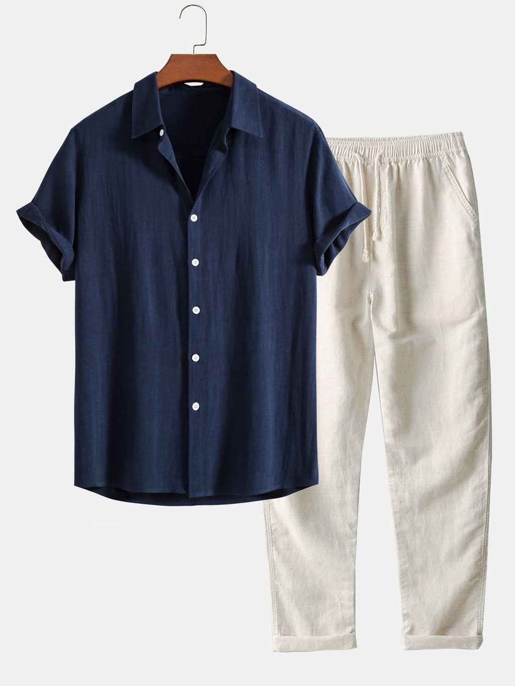 Men's Linen Two Piece Set - Short Sleeve Button-Up Shirt and Drawstring Pants