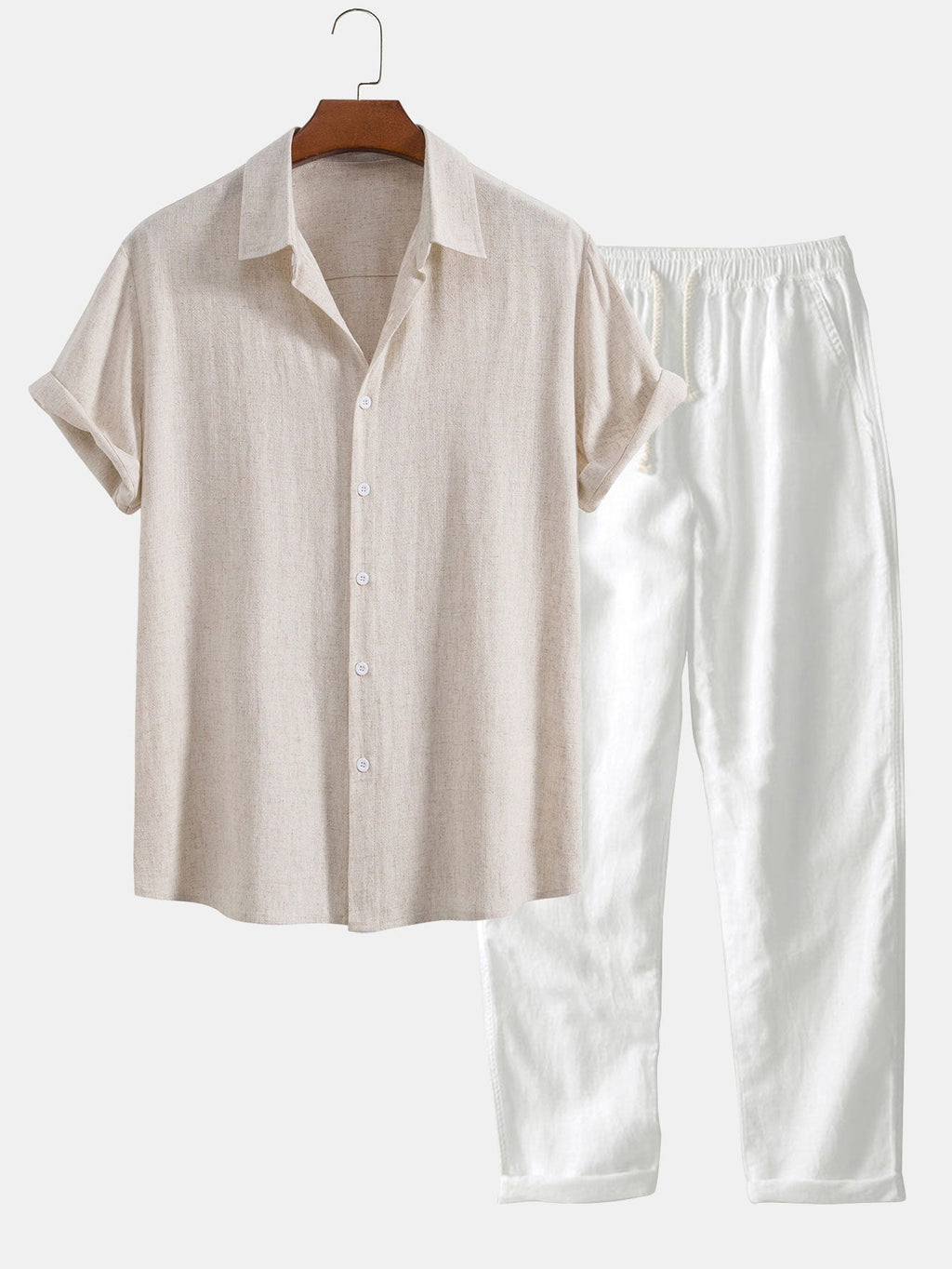 Men's Linen Two Piece Set - Short Sleeve Button-Up Shirt and Drawstring Pants