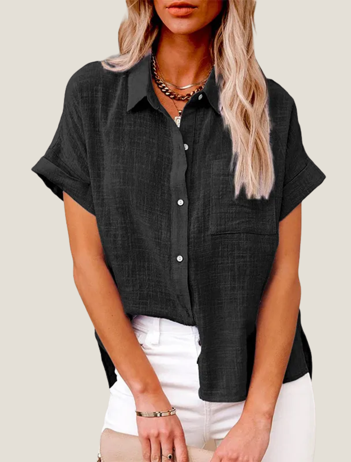 Women's Linen Button Down Shirt - Short Sleeve Point Collar with Chest Pocket and Side Hem