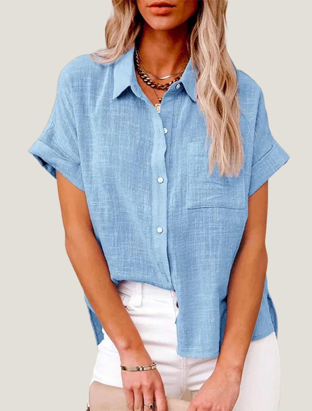 Women's Linen Button Down Shirt - Short Sleeve Point Collar with Chest Pocket and Side Hem