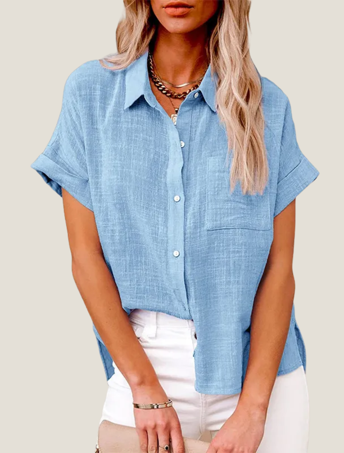 Women's Linen Button Down Shirt - Short Sleeve Point Collar with Chest Pocket and Side Hem
