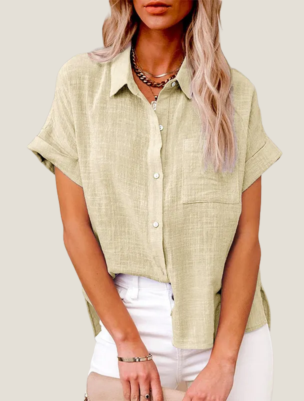 Women's Linen Button Down Shirt - Short Sleeve Point Collar with Chest Pocket and Side Hem