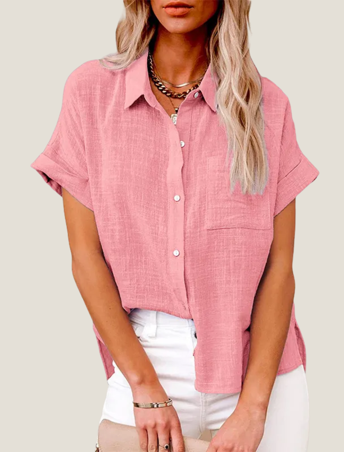 Women's Linen Button Down Shirt - Short Sleeve Point Collar with Chest Pocket and Side Hem