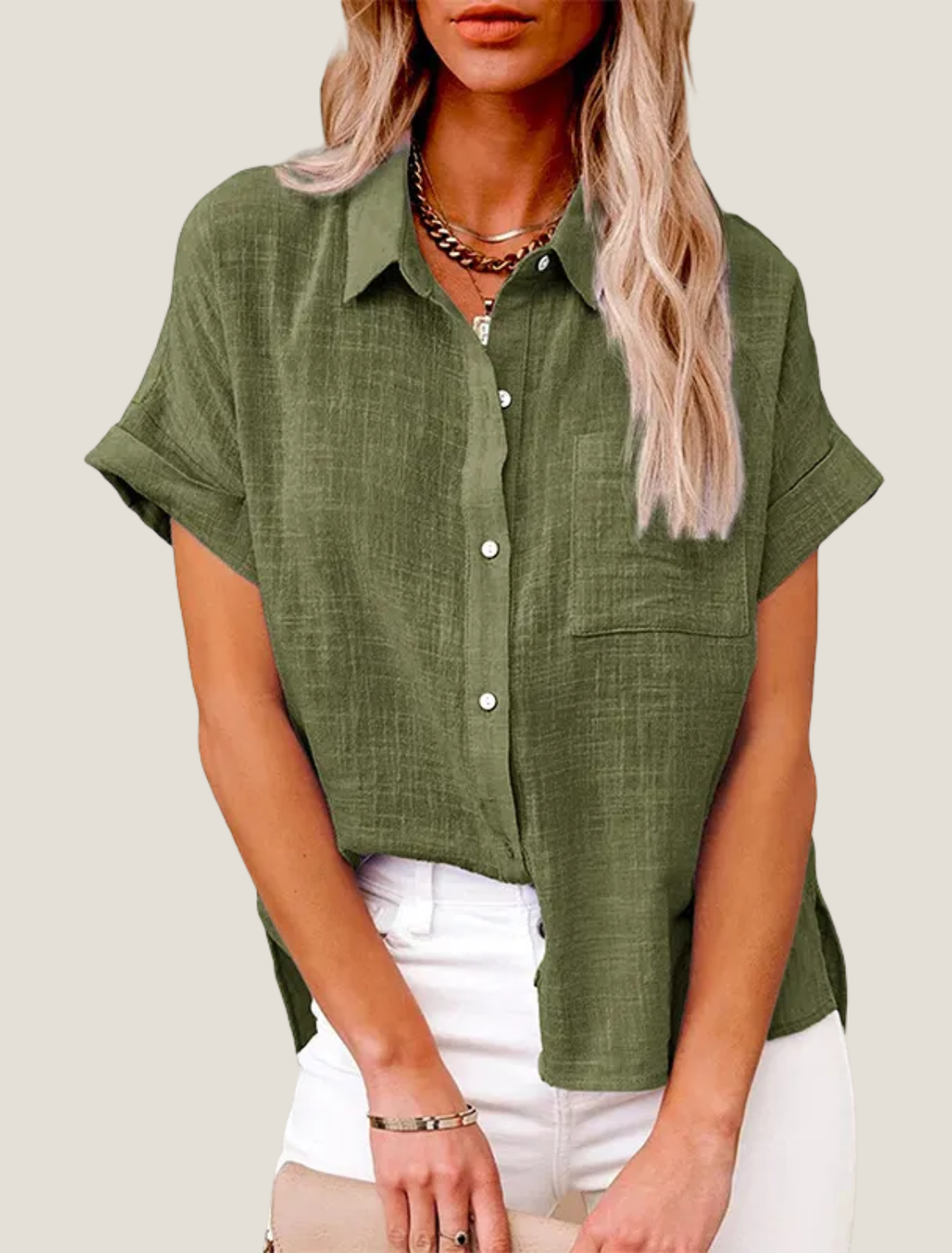 Women's Linen Button Down Shirt - Short Sleeve Point Collar with Chest Pocket and Side Hem