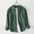 Men's Band Collar Long Sleeve Button Front Shirt
