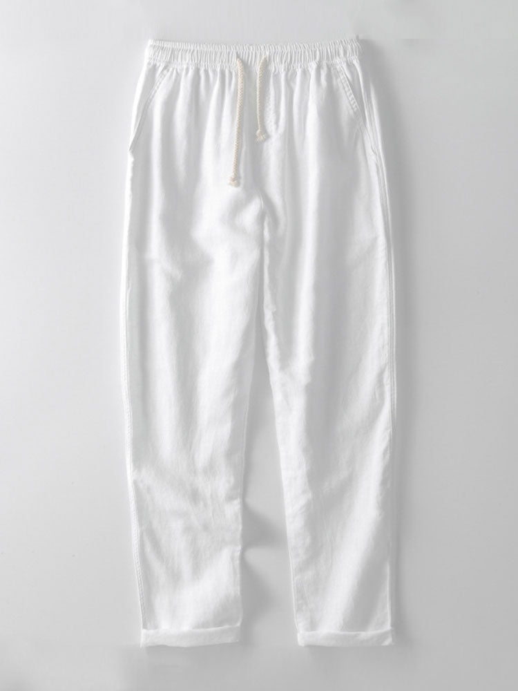 Men's Linen Two Piece Set - Short Sleeve Button-Up Shirt and Drawstring Pants