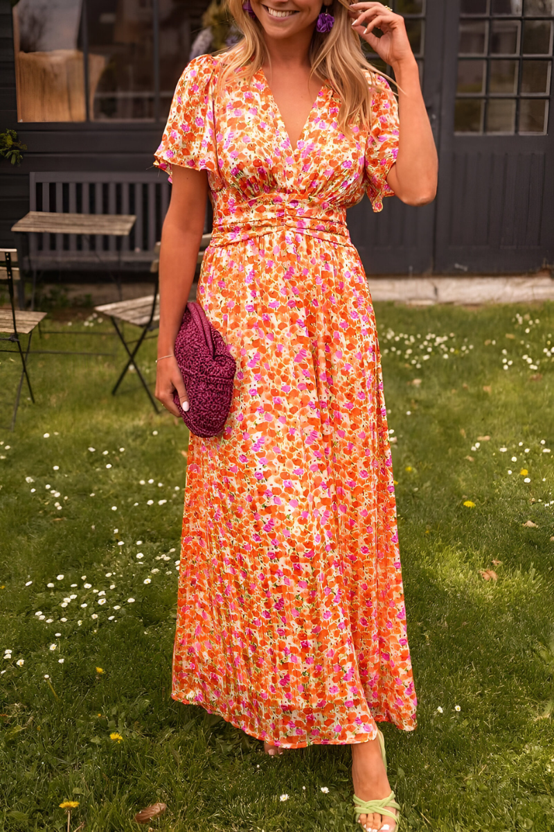 Women's Short Sleeve V-Neck Floral Print Smocked Waist Maxi Dress