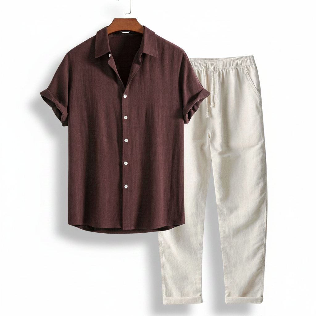Men's Linen Two Piece Set - Short Sleeve Button-Up Shirt and Drawstring Pants