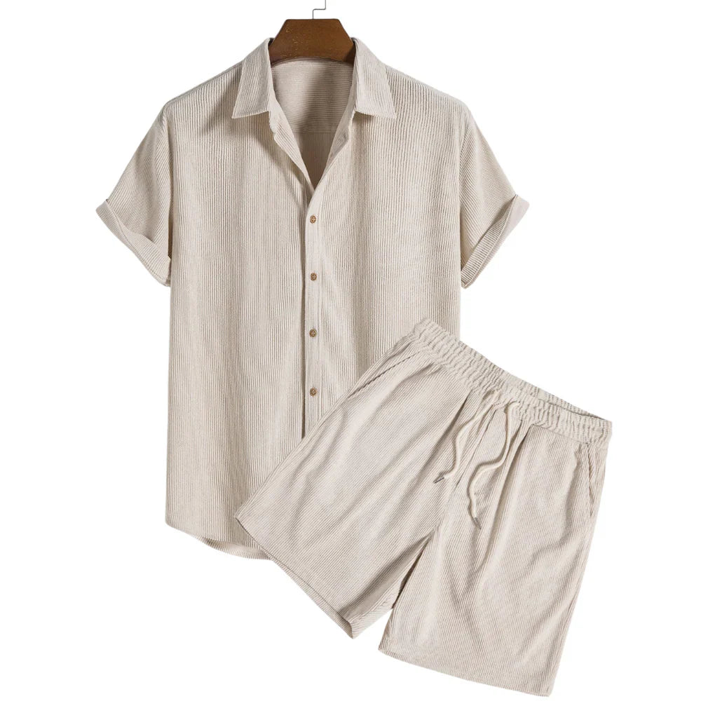 Men's Textured Short-Sleeve Button-Front Shirt and Shorts Set