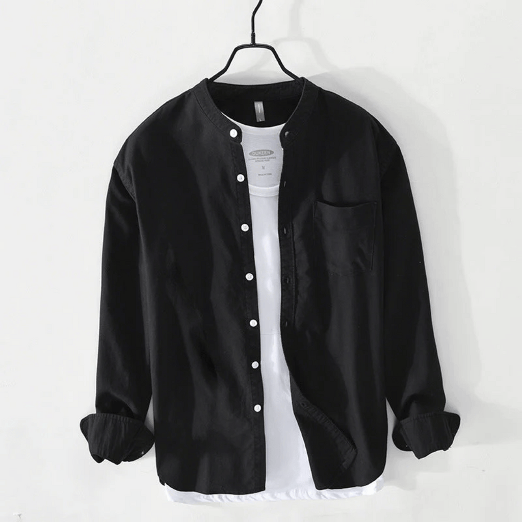 Men's Band Collar Long Sleeve Button Front Shirt