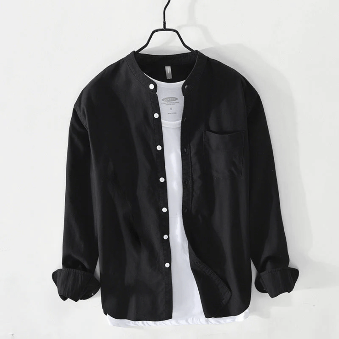 Men's Band Collar Long Sleeve Button Front Shirt