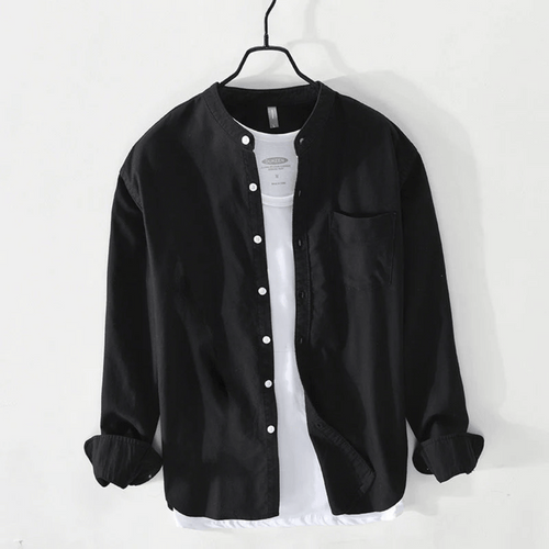 Men's Band Collar Long Sleeve Button Front Shirt