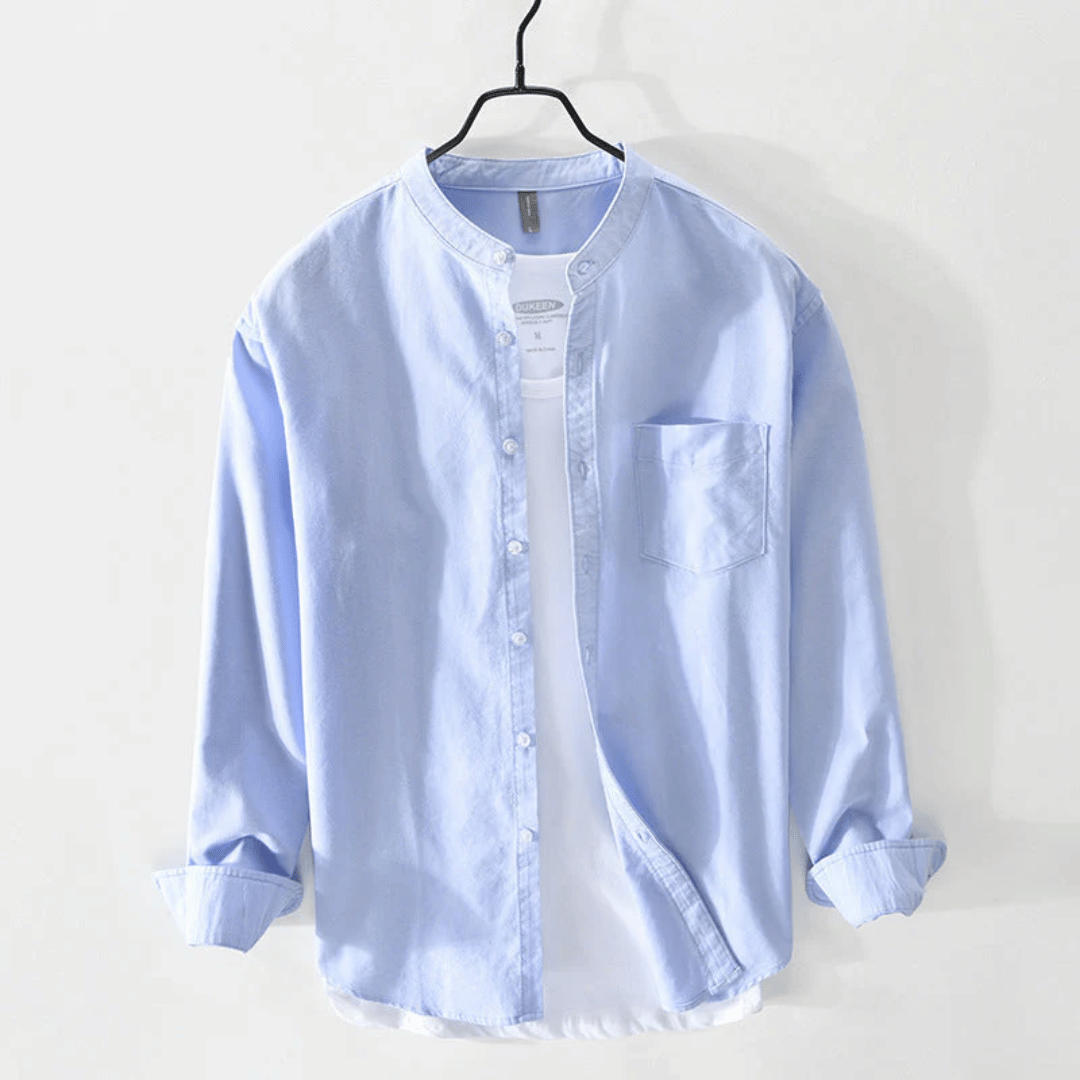 Men's Band Collar Long Sleeve Button Front Shirt