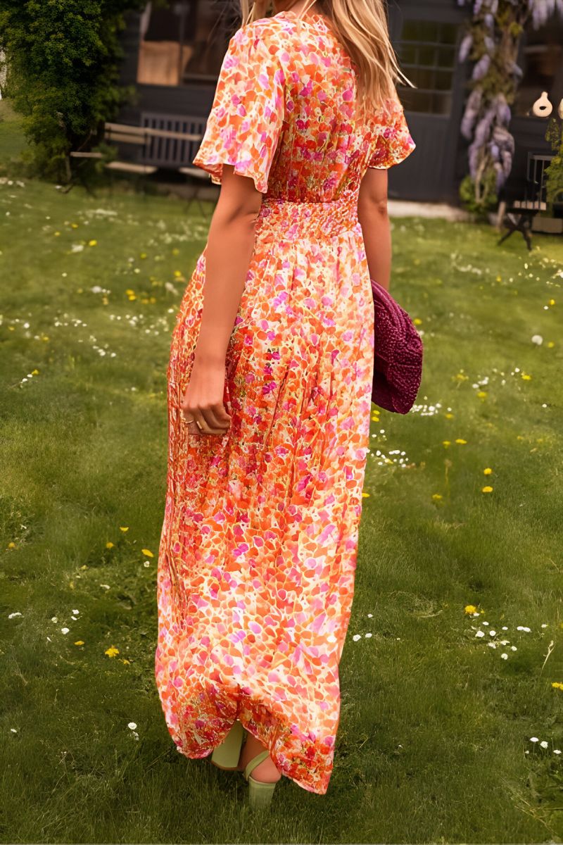Women's Short Sleeve V-Neck Floral Print Smocked Waist Maxi Dress