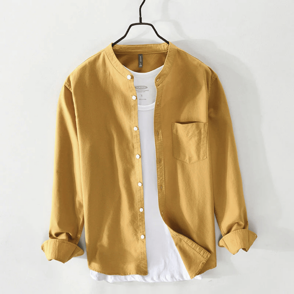 Men's Band Collar Long Sleeve Button Front Shirt