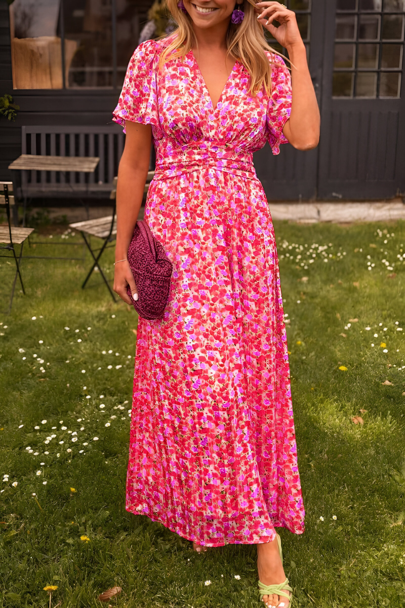 Women's Short Sleeve V-Neck Floral Print Smocked Waist Maxi Dress