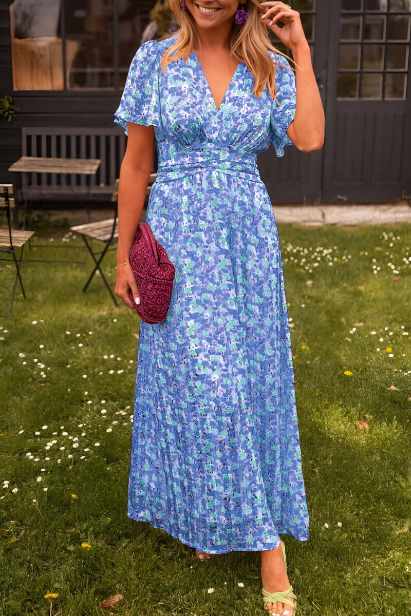 Women's Short Sleeve V-Neck Floral Print Smocked Waist Maxi Dress
