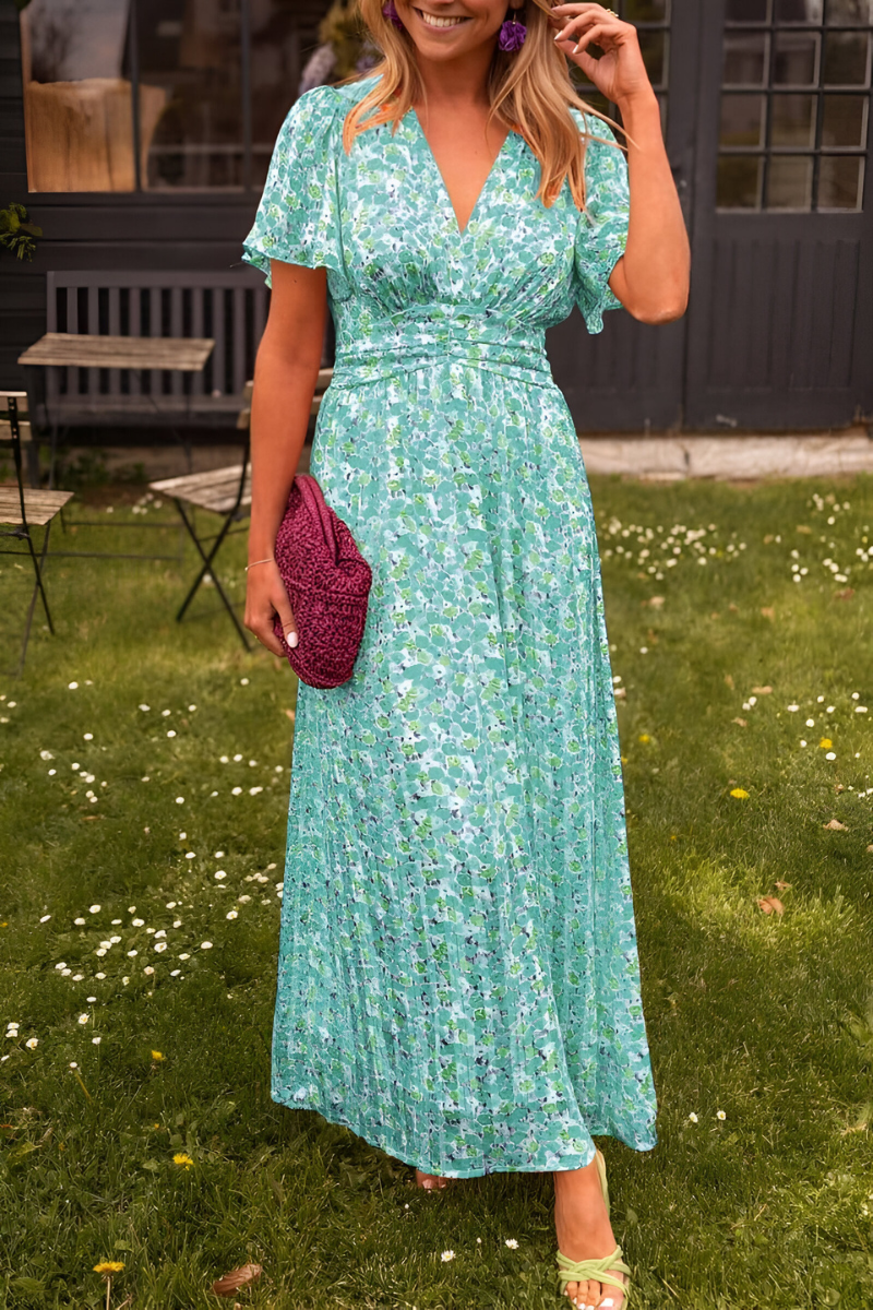Women's Short Sleeve V-Neck Floral Print Smocked Waist Maxi Dress