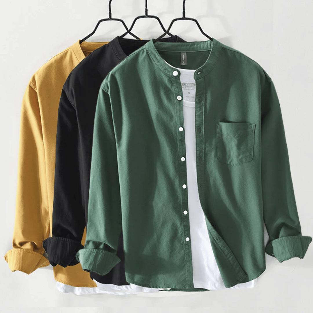 Men's Band Collar Long Sleeve Button Front Shirt
