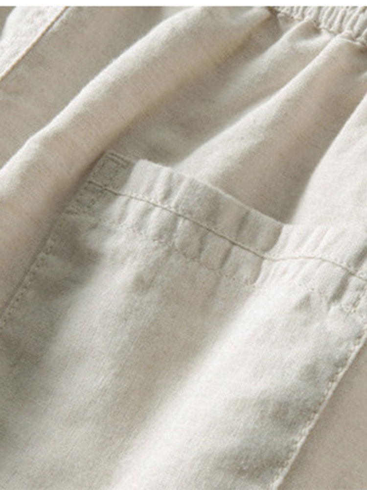 Men's Linen Two Piece Set - Short Sleeve Button-Up Shirt and Drawstring Pants