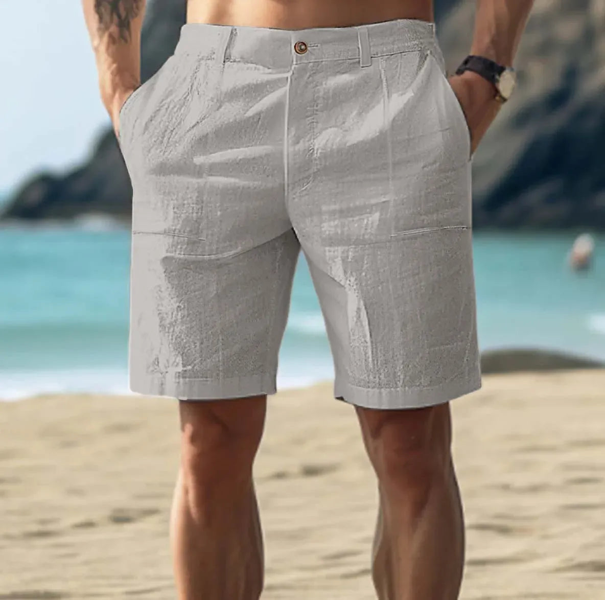 Men's Linen Drawstring Relaxed Fit Knee Length Shorts