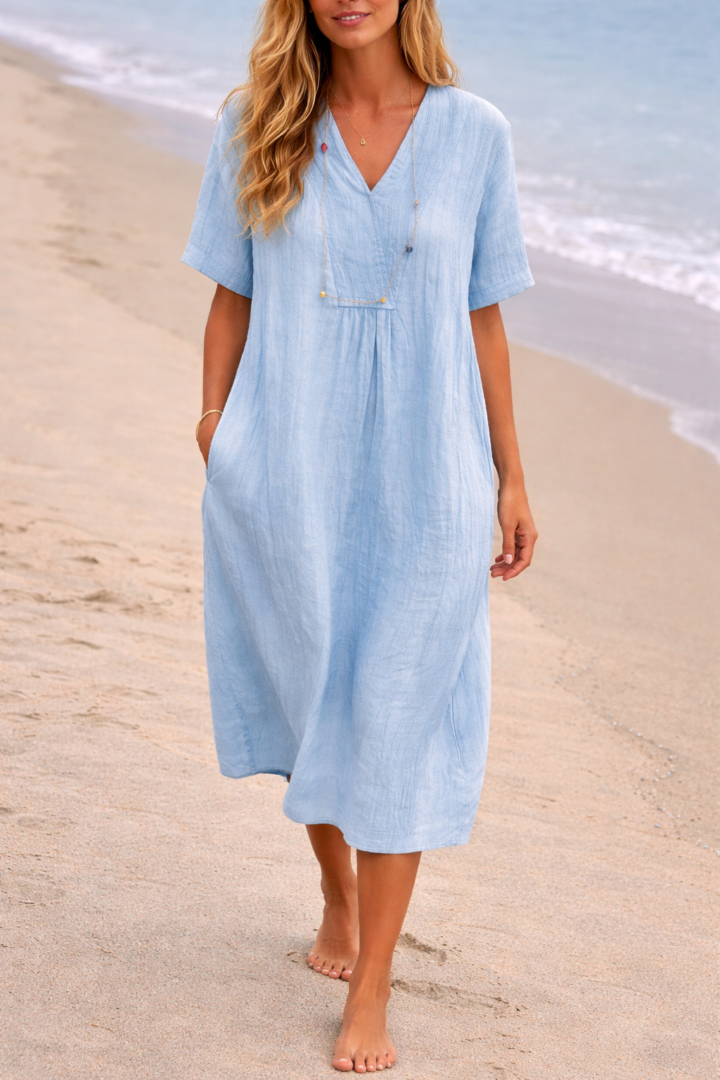 Women's Linen V-Neck Short Sleeve Midi Dress with Pockets