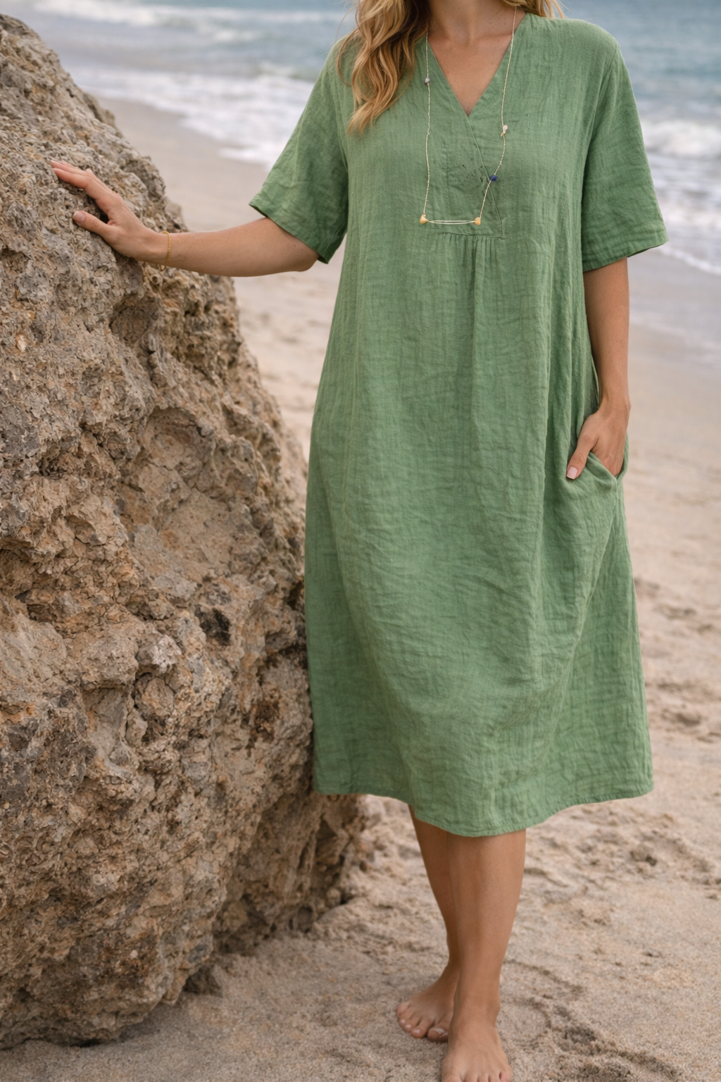 Women's Linen V-Neck Short Sleeve Midi Dress with Pockets