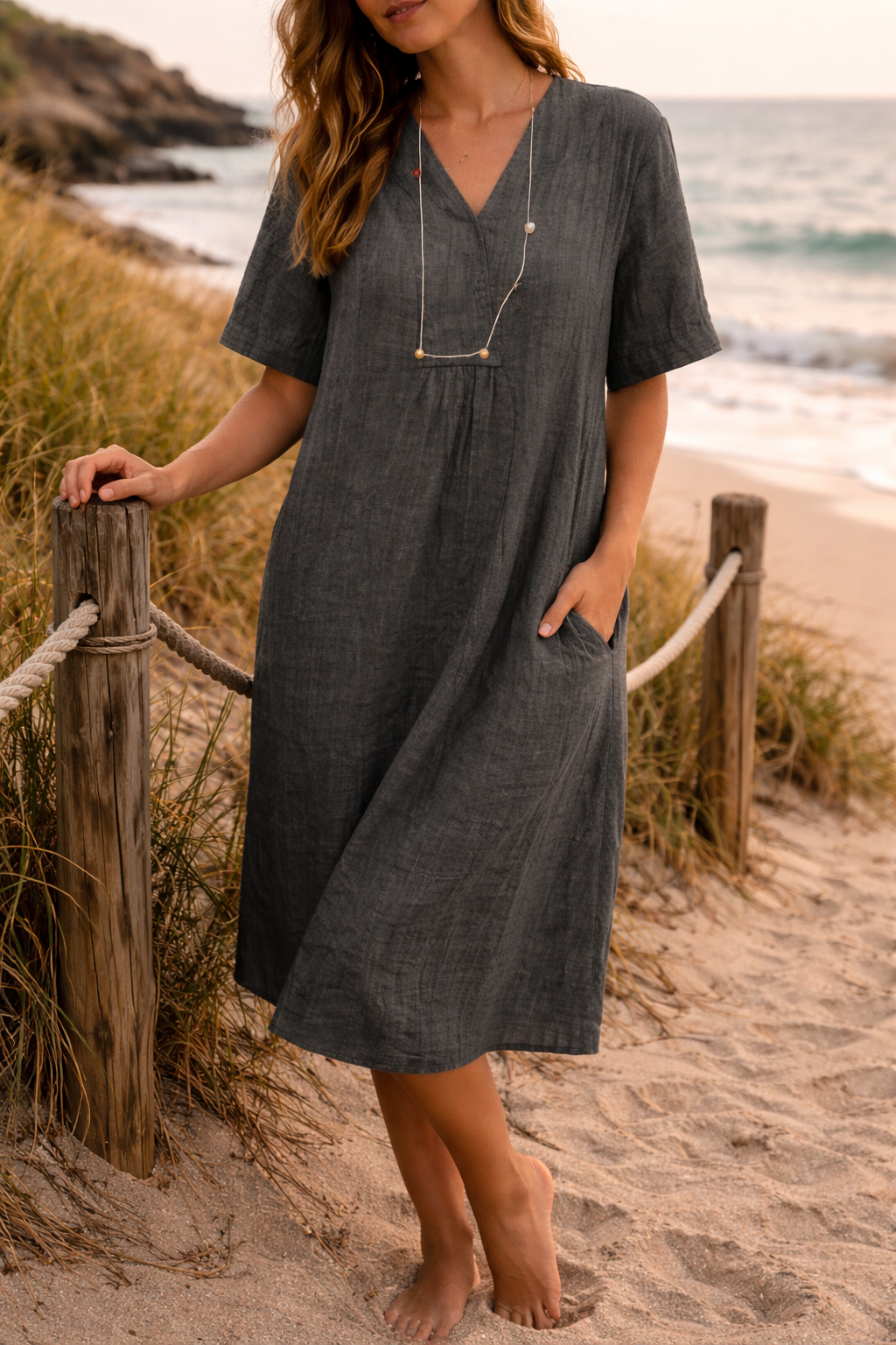 Women's Linen V-Neck Short Sleeve Midi Dress with Pockets