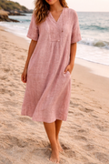 Women's Linen V-Neck Short Sleeve Midi Dress with Pockets
