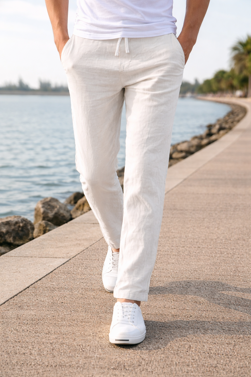 Men's Linen Drawstring Straight Leg Casual Trousers