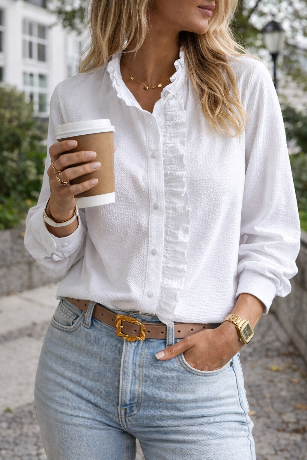 Women's Long Sleeve Ruffle Detail Button-Up Blouse
