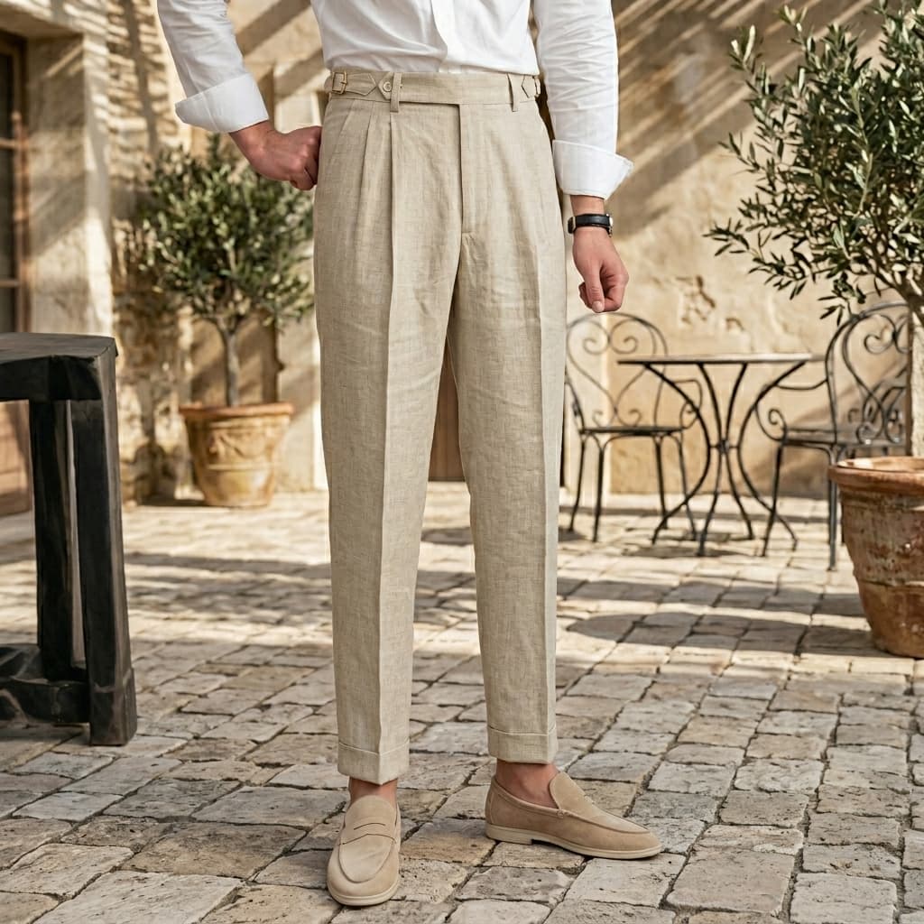 Men's Linen Double Pleat Side Buckle Turn-Up Cuff Trousers