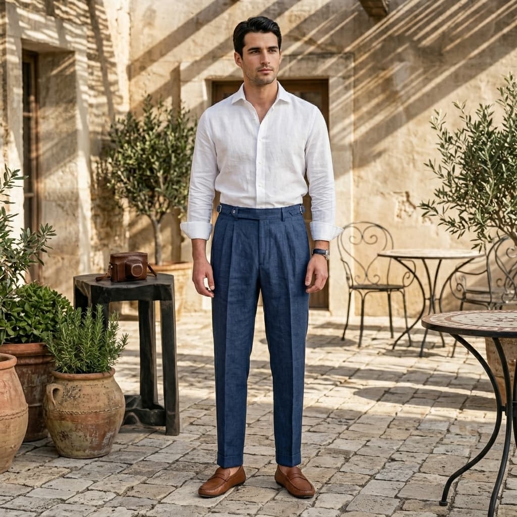 Men's Linen Double Pleat Side Buckle Turn-Up Cuff Trousers