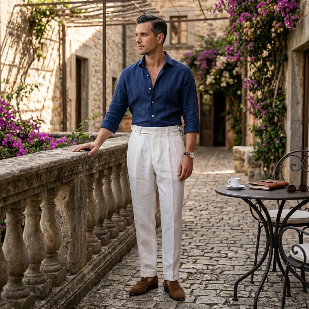 Men's Linen Double Pleat Side Buckle Turn-Up Cuff Trousers