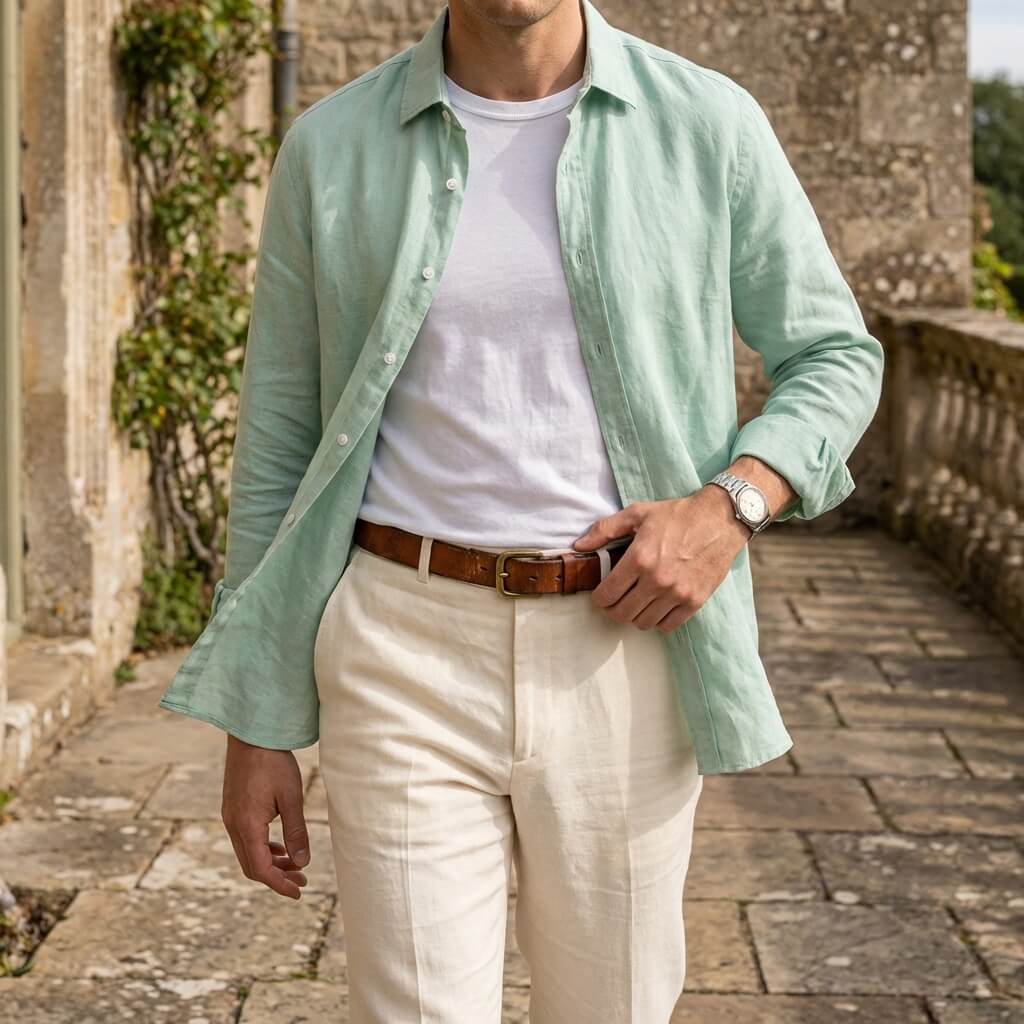 Men's Long Sleeve Linen Spread Collar Button-Up Shirt