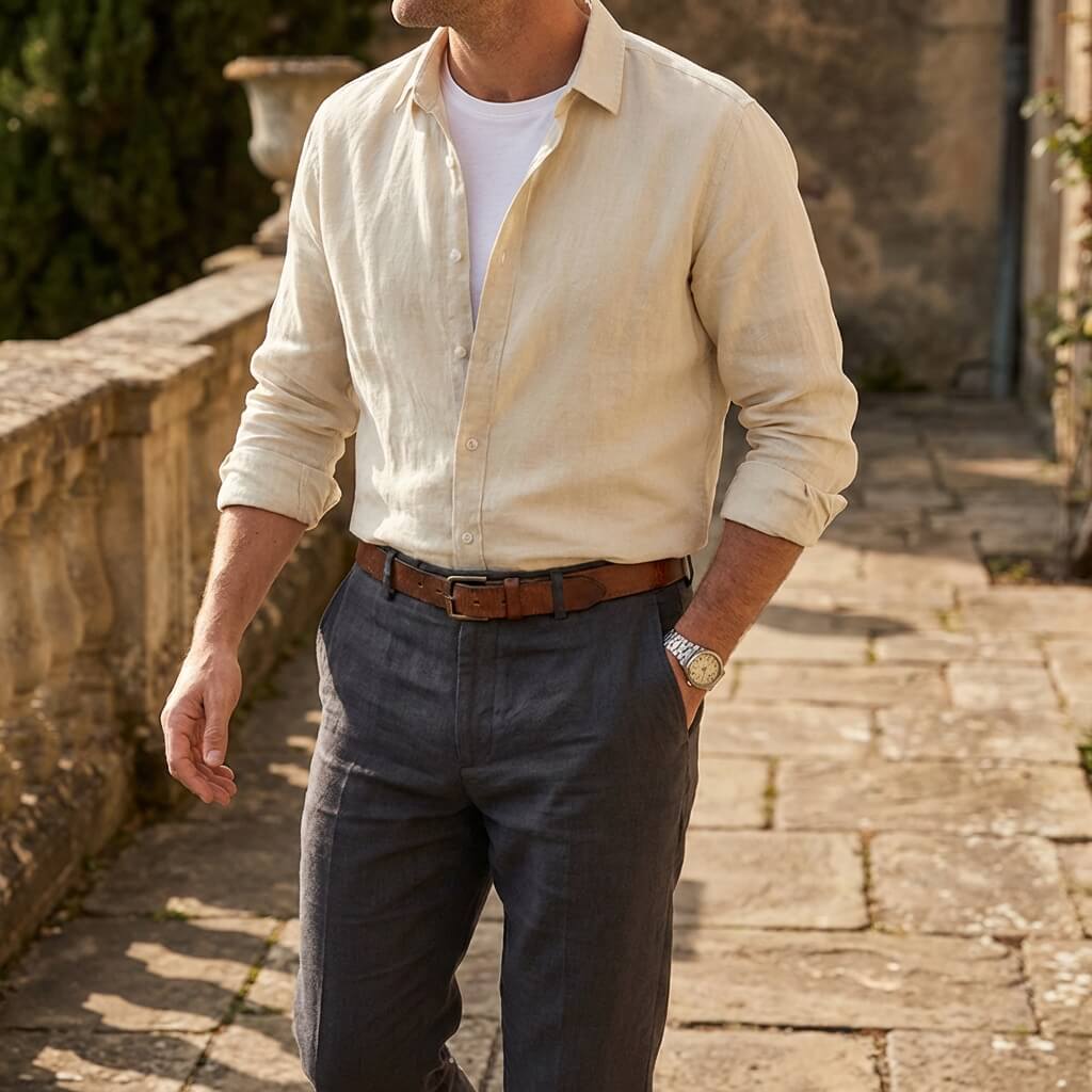 Men's Long Sleeve Linen Spread Collar Button-Up Shirt