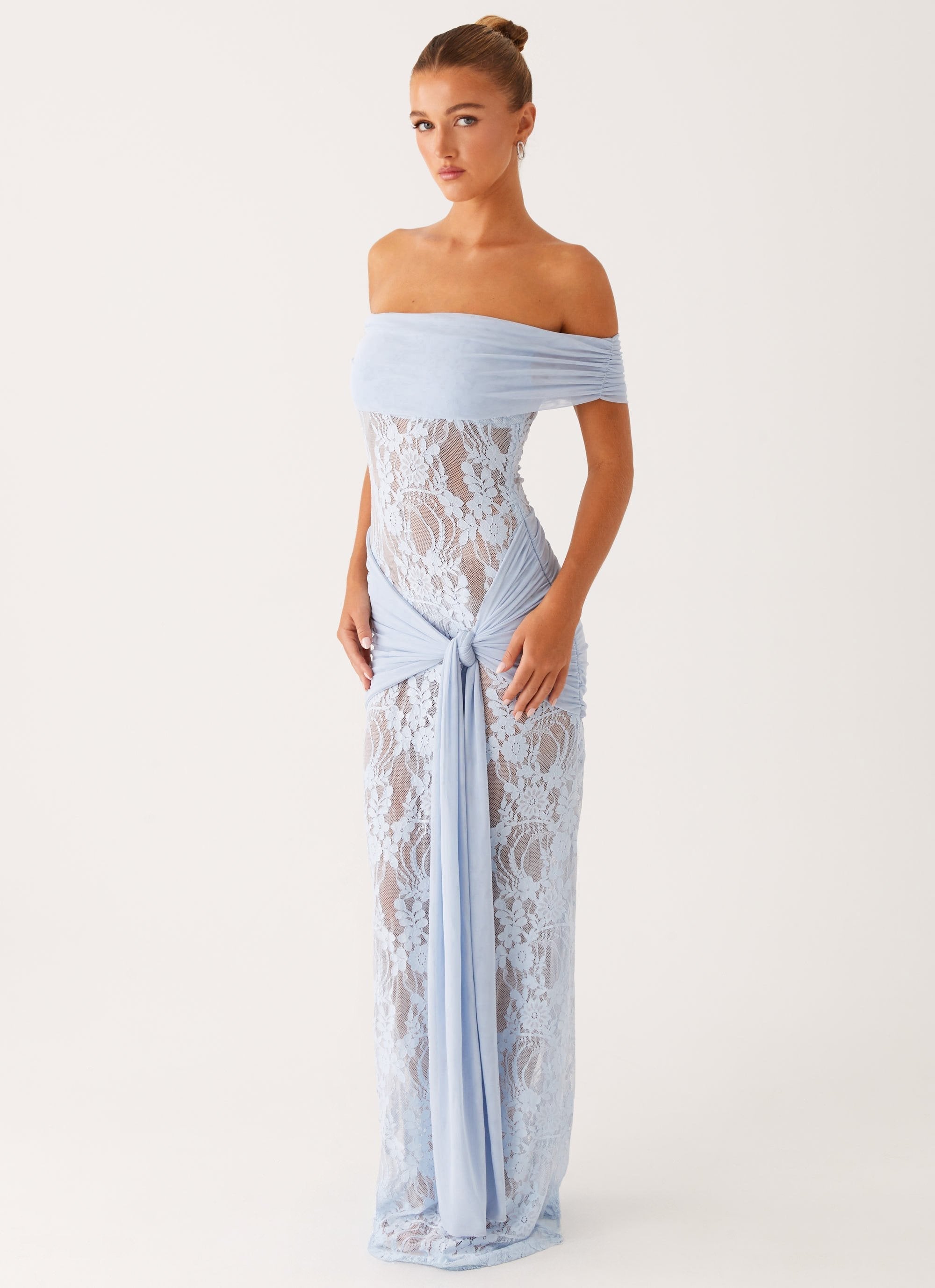 Women's Off Shoulder Lace Maxi Dress with Wrap Tie Waist