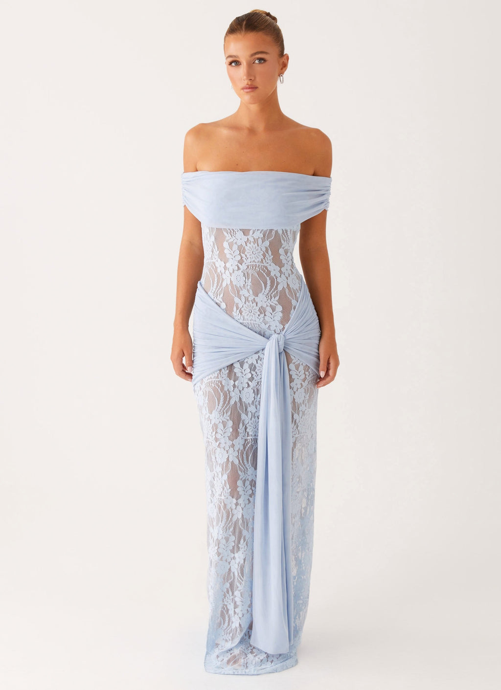 Women's Off Shoulder Lace Maxi Dress with Wrap Tie Waist