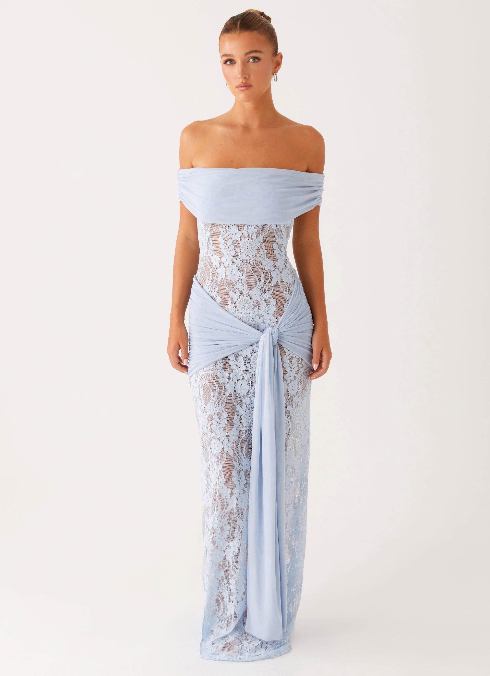 Women's Off Shoulder Lace Maxi Dress with Wrap Tie Waist