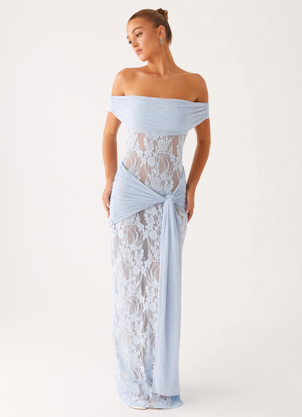 Women's Off Shoulder Lace Maxi Dress with Wrap Tie Waist