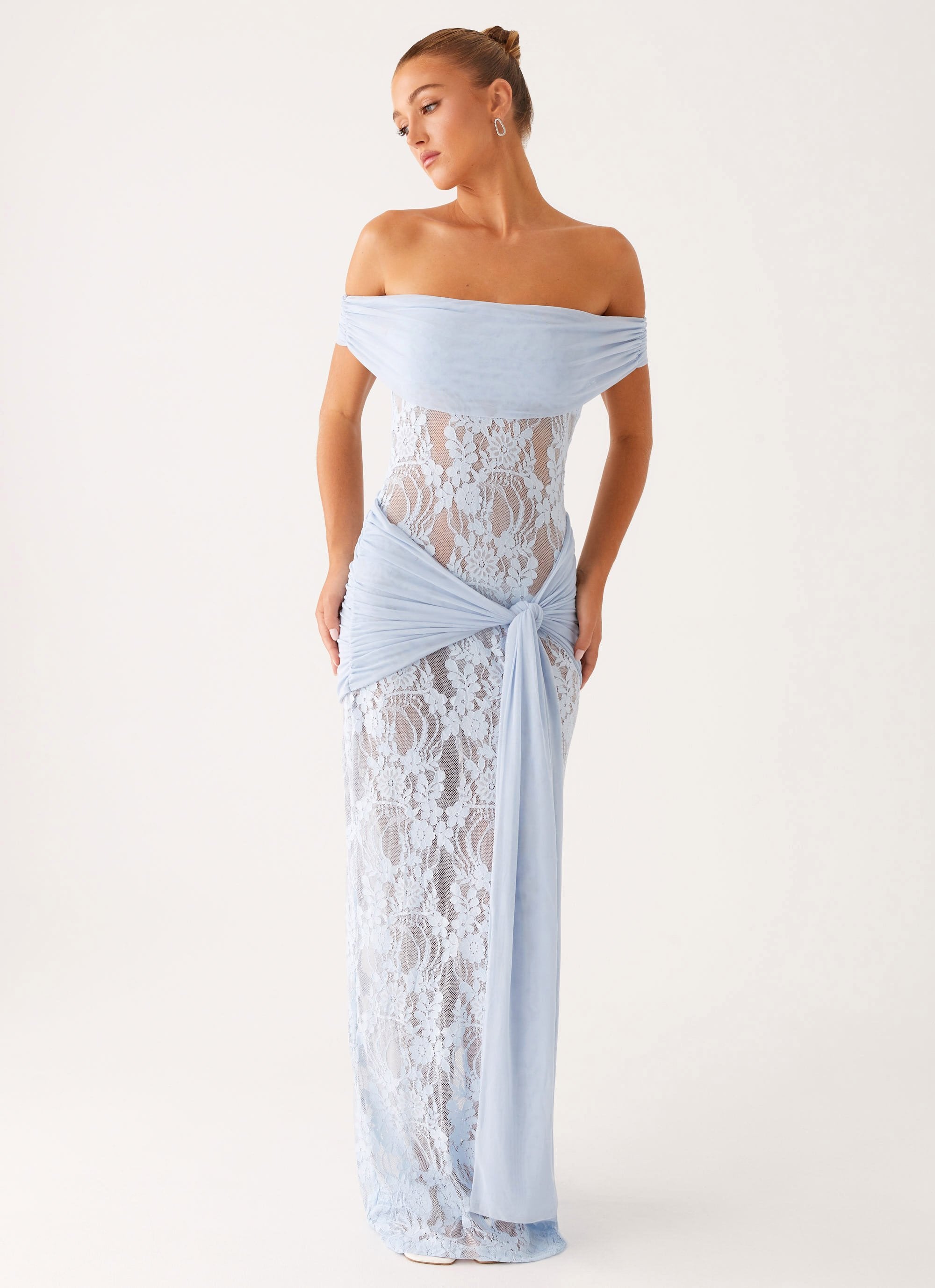 Women's Off Shoulder Lace Maxi Dress with Wrap Tie Waist