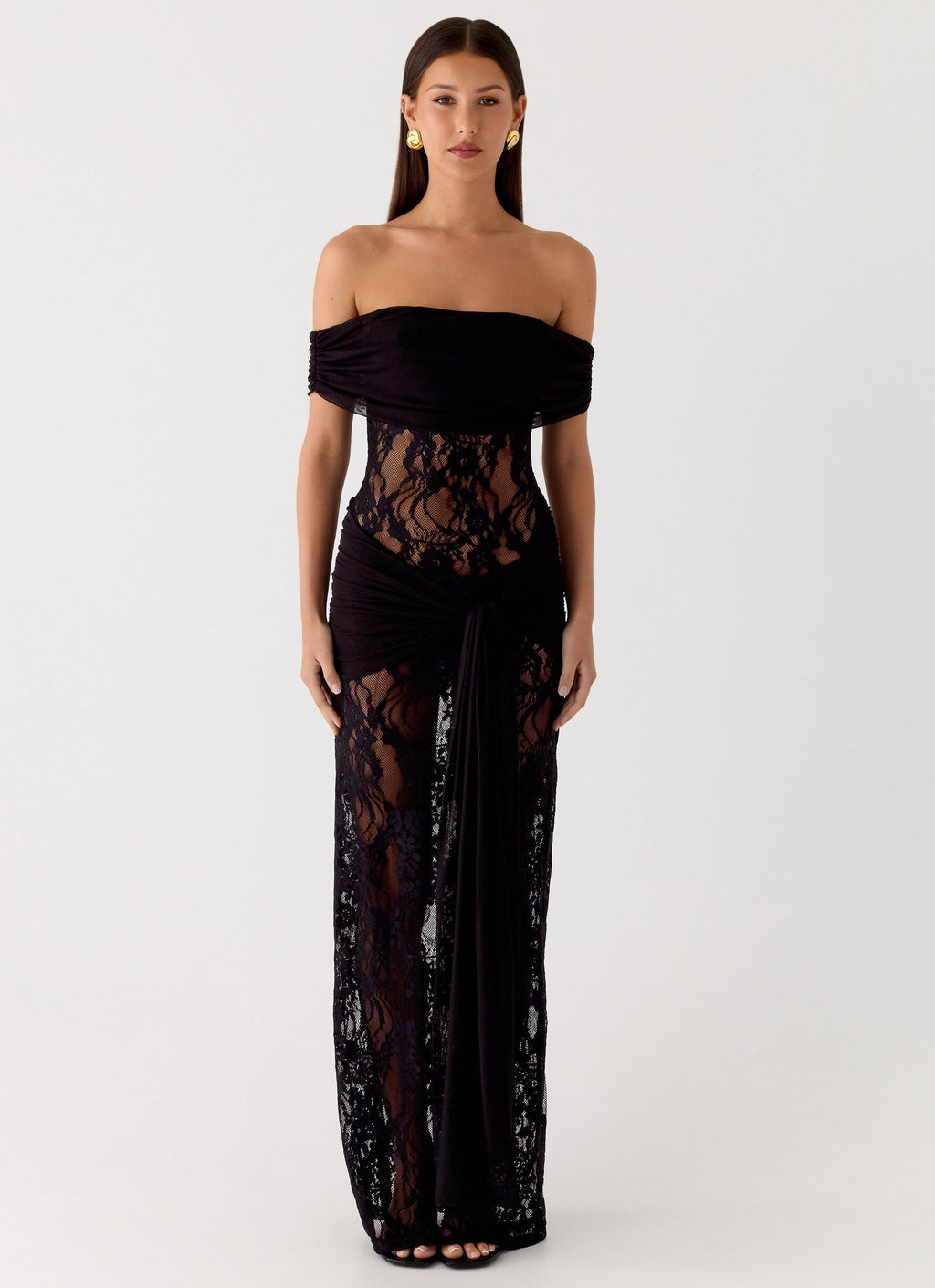 Women's Off Shoulder Lace Maxi Dress with Wrap Tie Waist