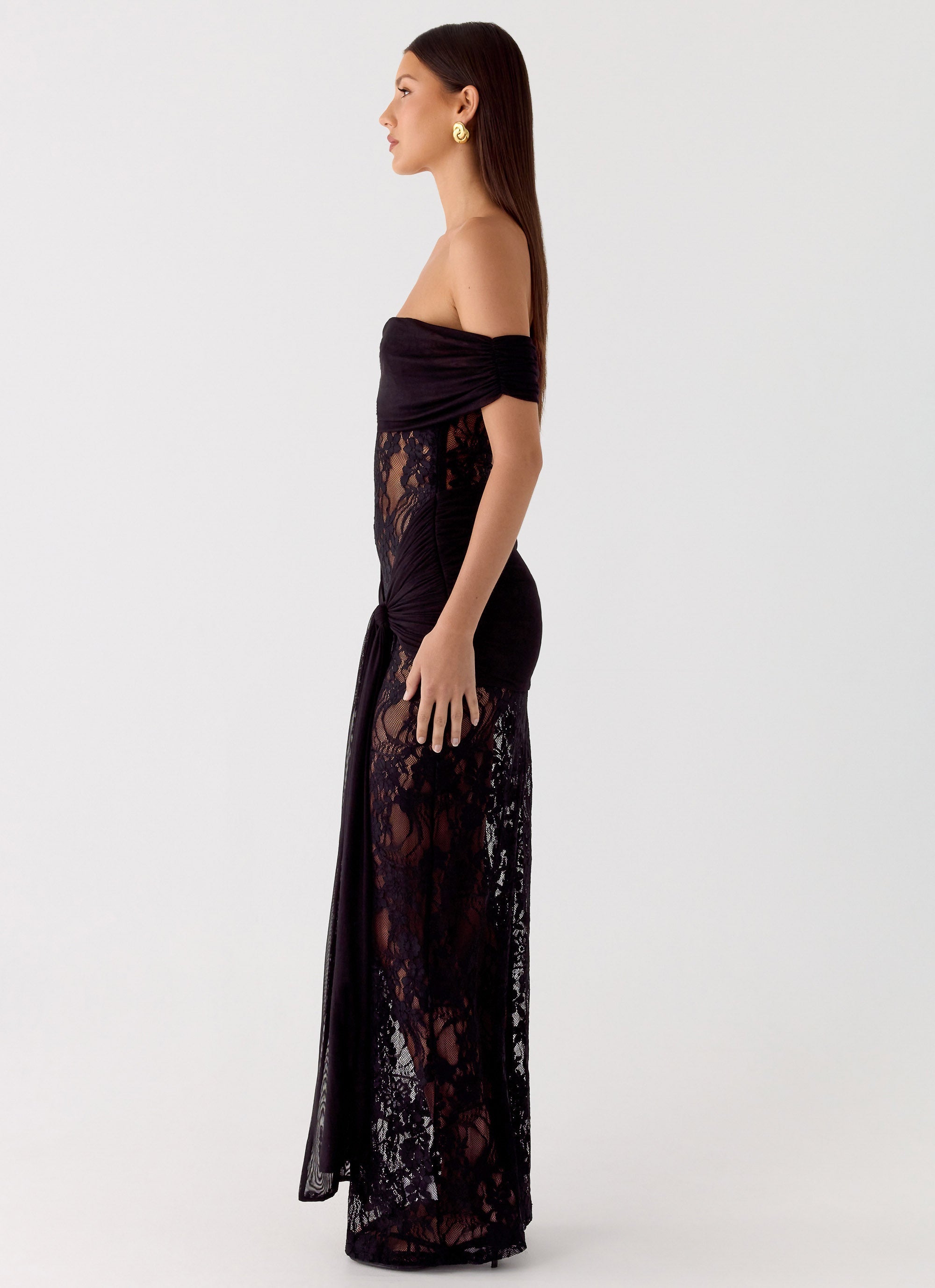 Women's Off Shoulder Lace Maxi Dress with Wrap Tie Waist