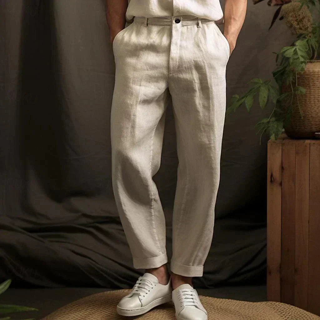 Men's Linen Tapered Pants - Button Closure - Cuffed Hem