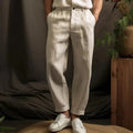 Men's Linen Tapered Pants - Button Closure - Cuffed Hem