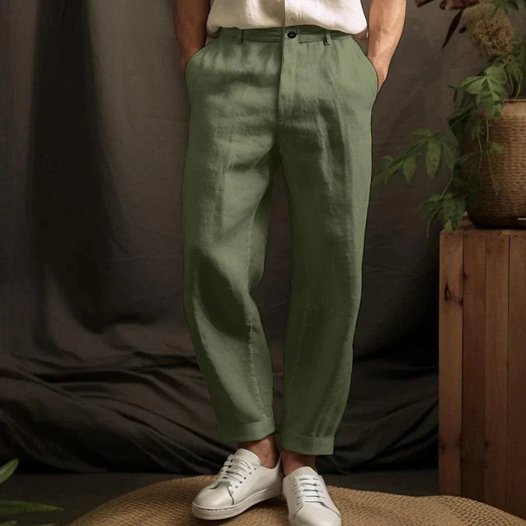 Men's Linen Tapered Pants - Button Closure - Cuffed Hem