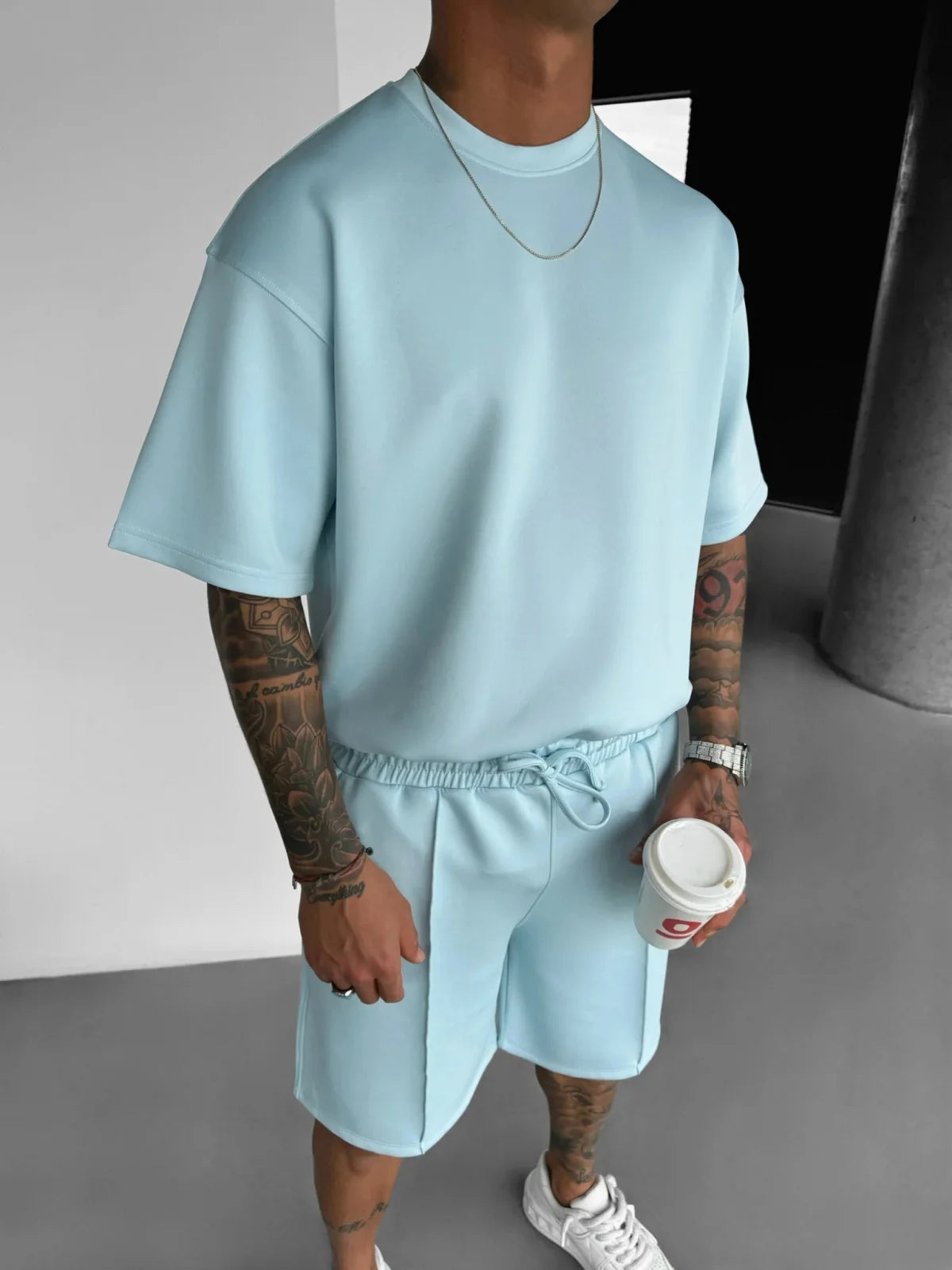 Men's Oversized Short Sleeve T-Shirt Drawstring Shorts Set
