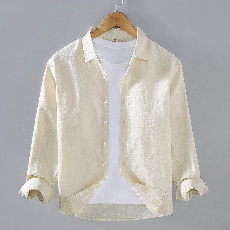 Men's Long Sleeve Linen Spread Collar Button-Up Shirt