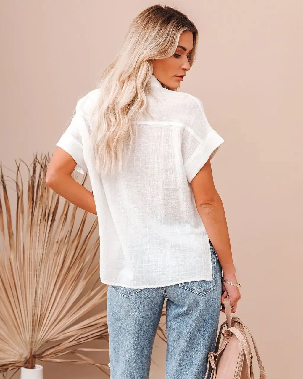 Women's Linen Blend Button Front Short Sleeve Shirt
