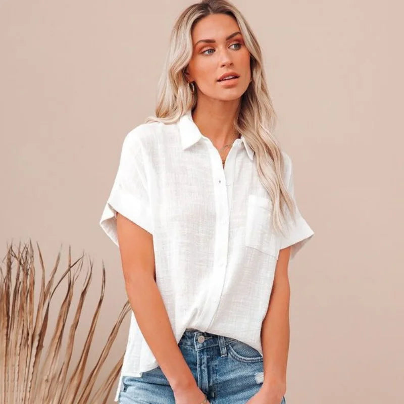Women's Linen Blend Button Front Short Sleeve Shirt